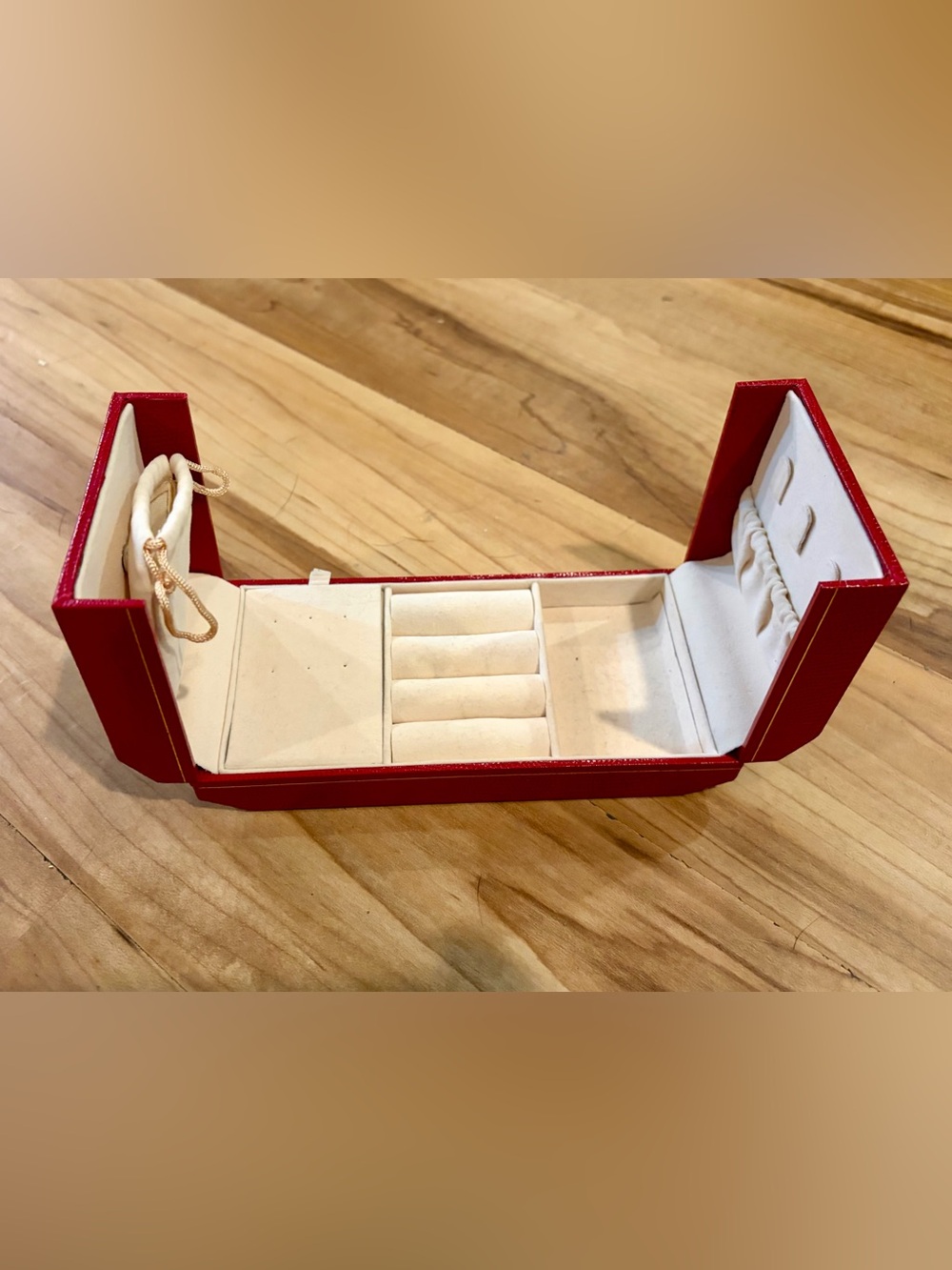 Red Faux Leather Jewelry Box, Foldout with Gold Trim for Travel or Home